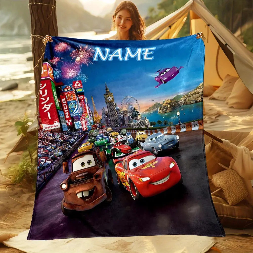 Personalized fleece blanket with Lightning McQueen print and custom name, ideal for birthdays and Christmas gifts
