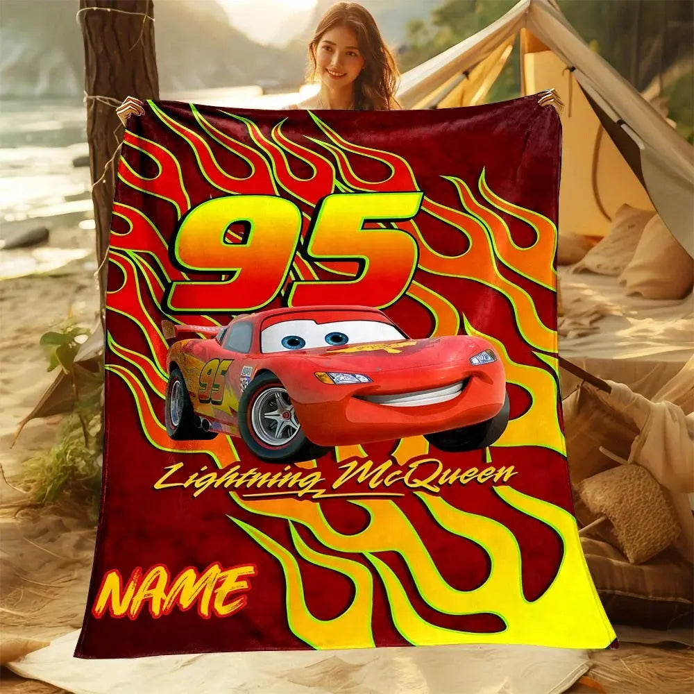 Lightweight custom travel blanket with Lightning McQueen design and personalized name, great for car rides and camping