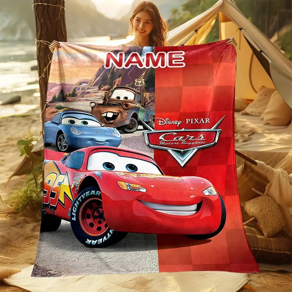 Kids’ throw blanket with Lightning McQueen print and custom name text, perfect for beds and play areas