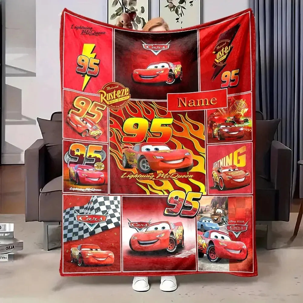 Lightning McQueen blanket with custom name, styled as a birthday gift for kids who love racing and Disney