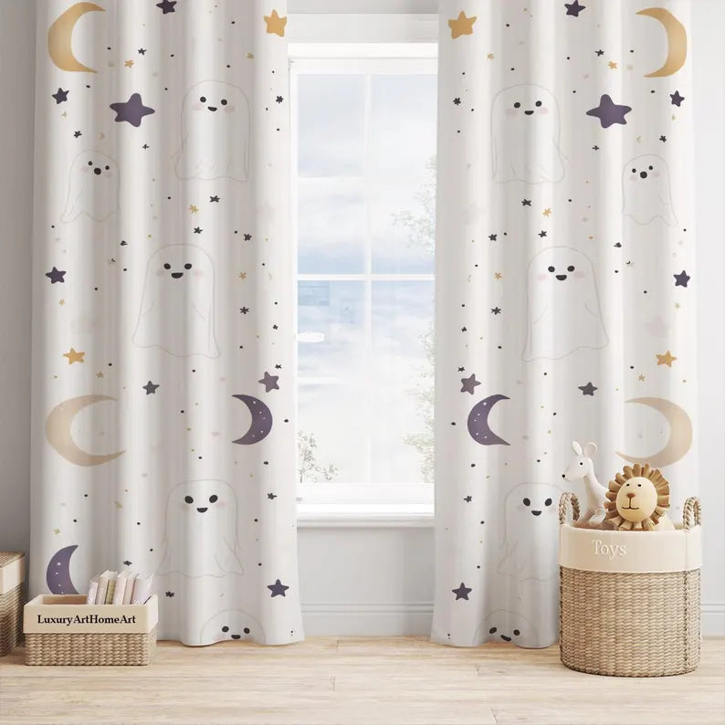Cute Ghosts Stars and Clouds Curtain, Baby Boy Room Curtain, Nursery Curtain, Kids Room Decor