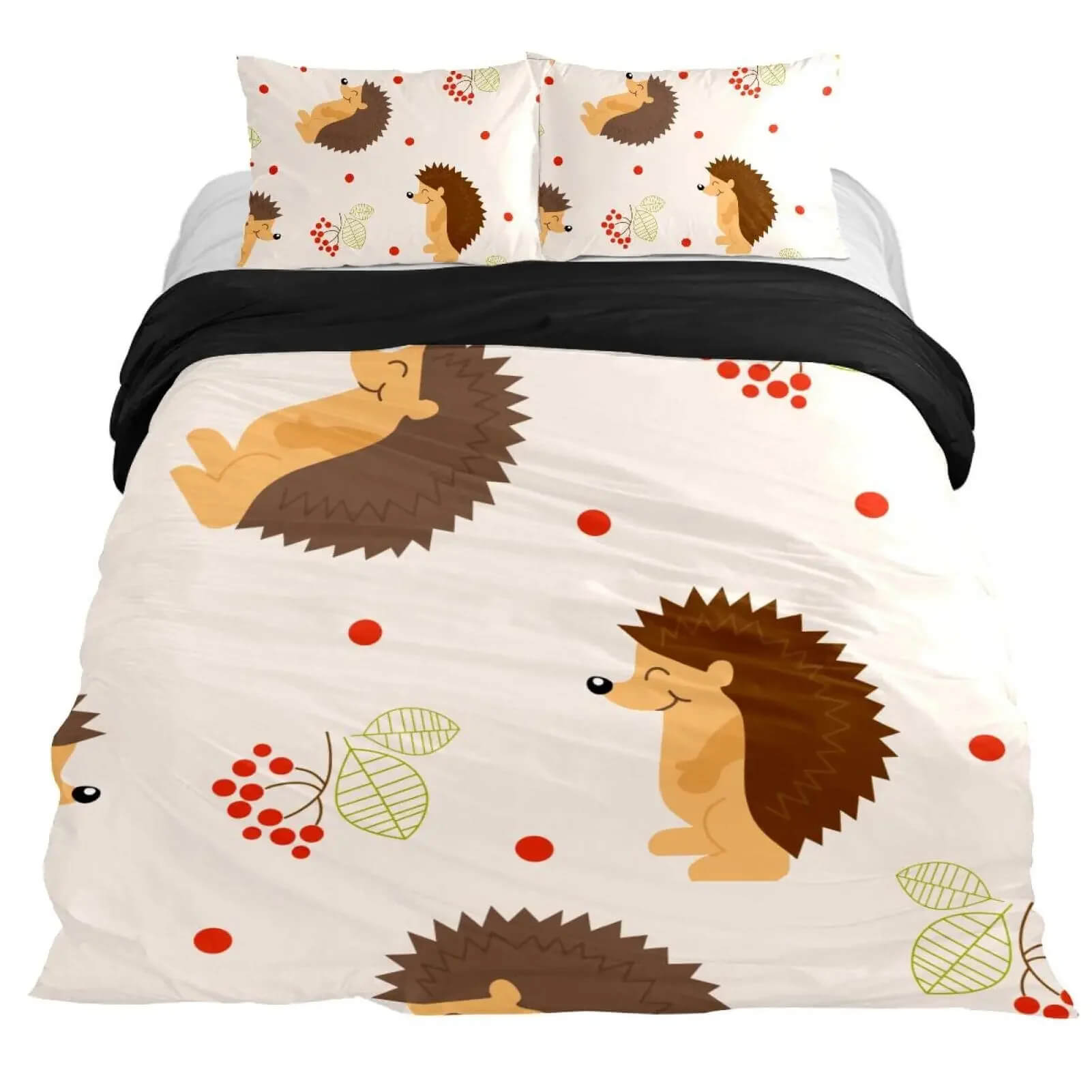 Cute Cartoon Hedgehog Duvet Cover with Leaves and Mushrooms