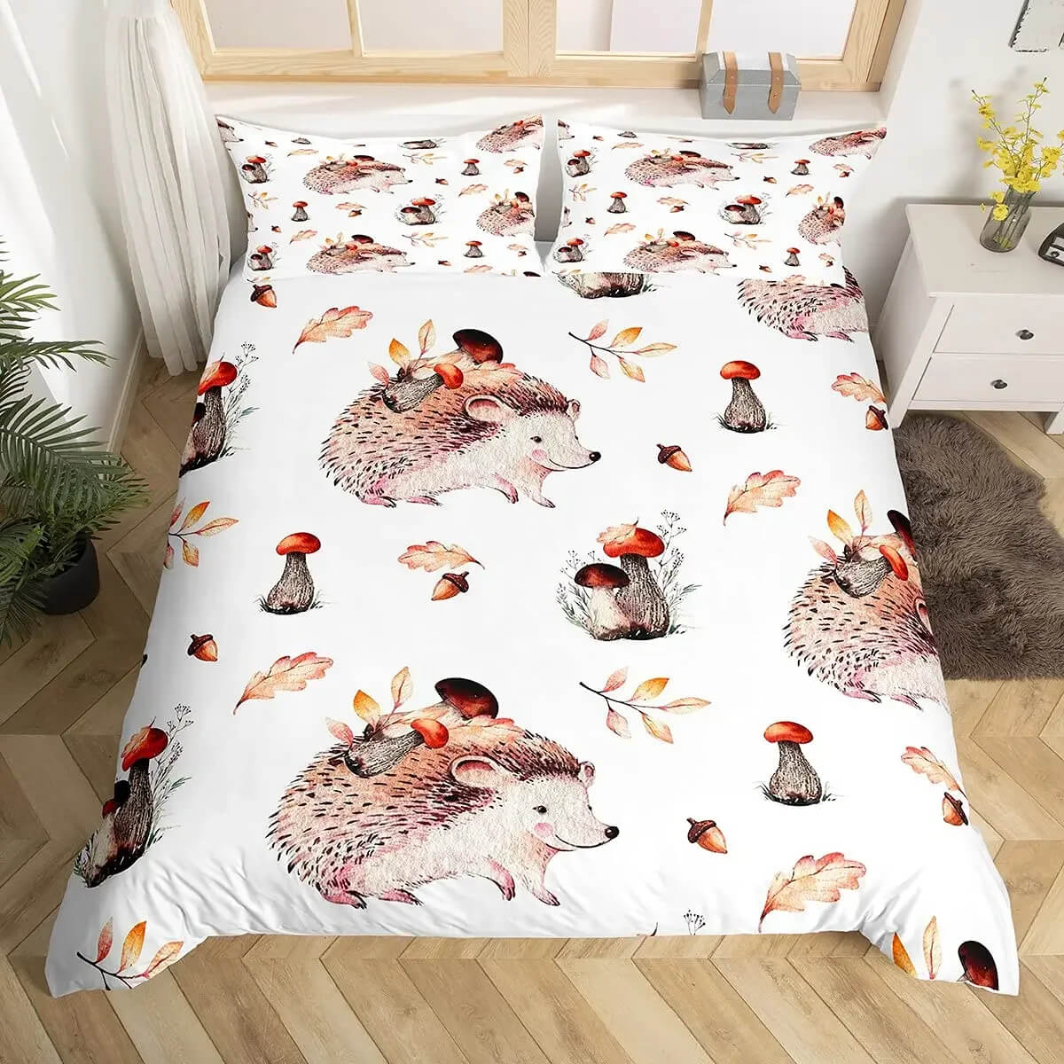 Cute Hedgehog and Mushroom Duvet Cover Set for Kids Bedroom