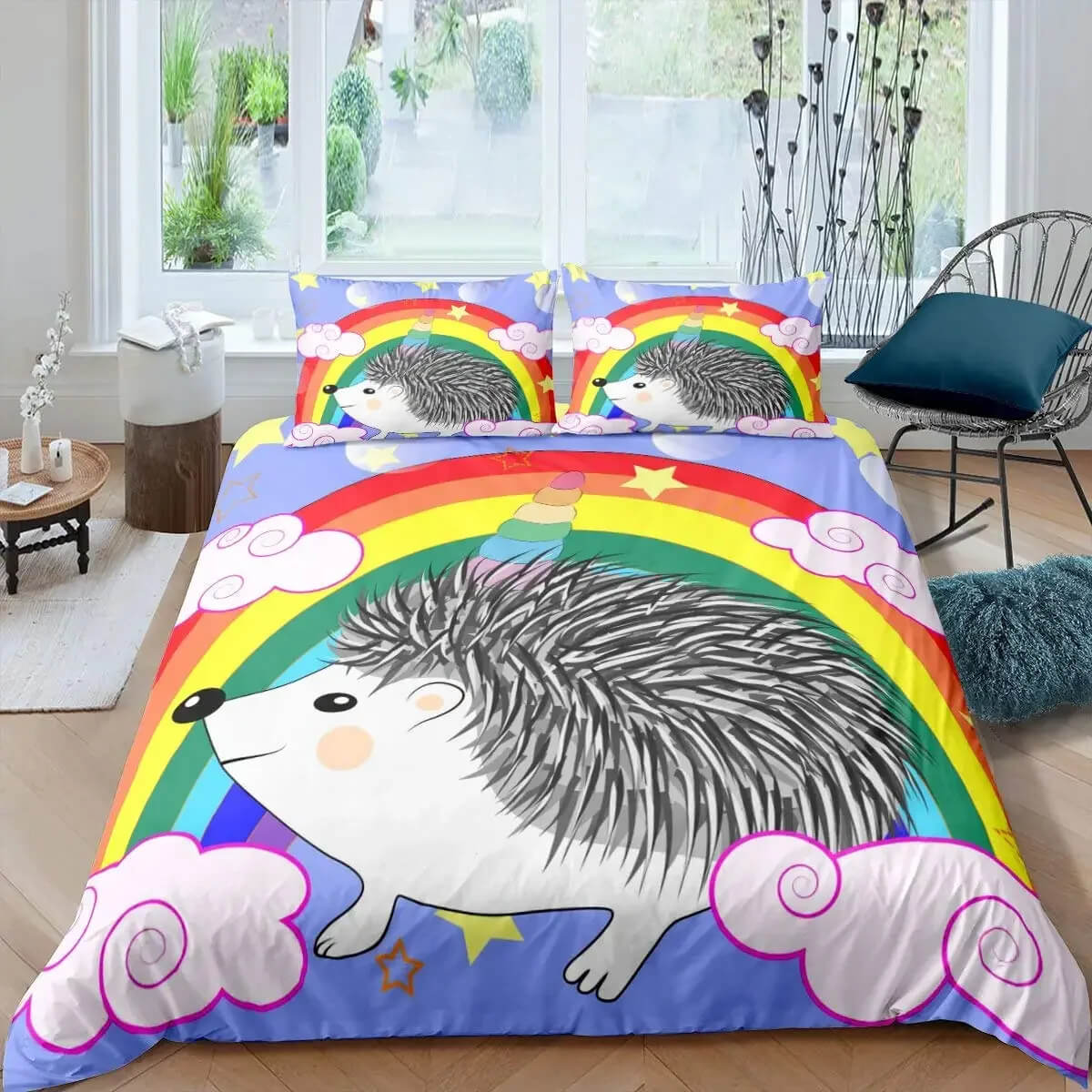 Hedgehog and Mushroom Pattern Duvet Cover for Nature Bedroom