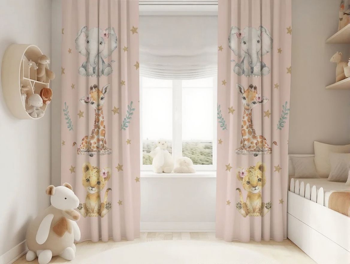 "Cute safari animals on soft pastel curtains – watercolor nursery window treatment"
