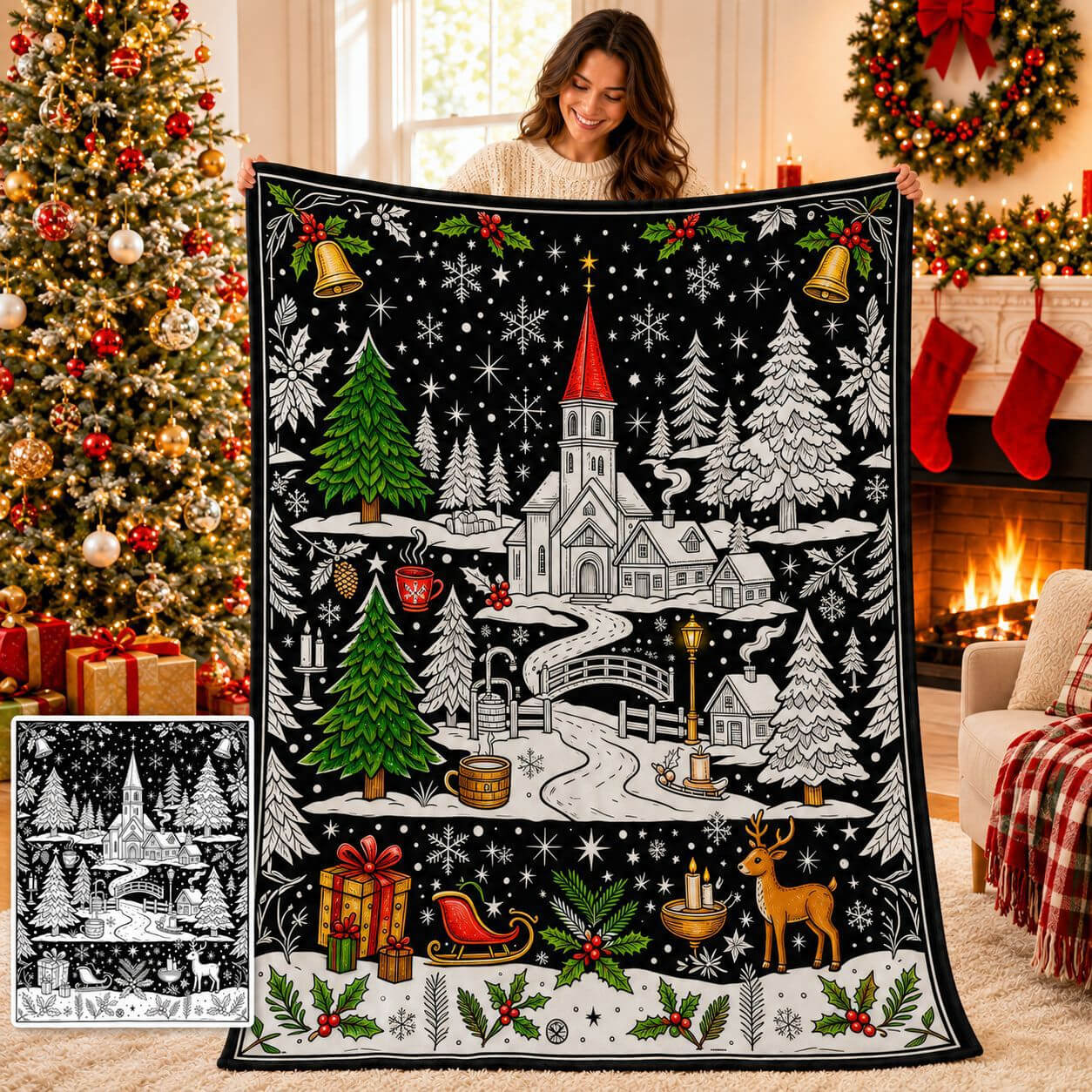 Christmas Hand-drawn graffiti DIY coloring throw blanket design