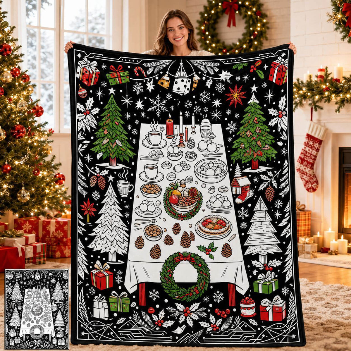 DIY art blanket with hand-drawn outline illustrations