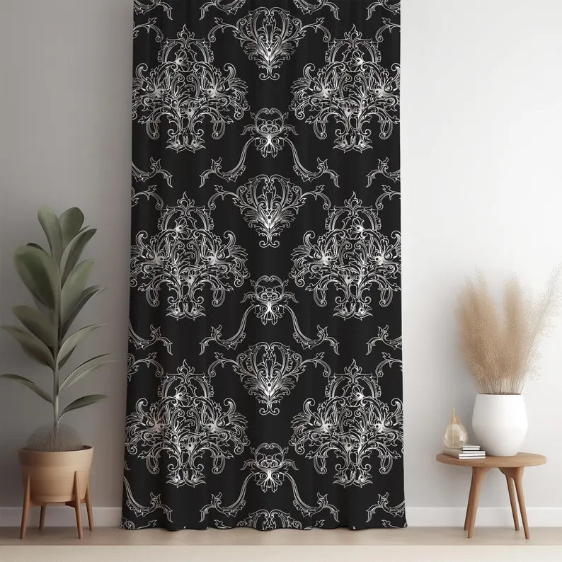 Damask Curtain: Ornate Filigree, Black & White Custom Blackout Drapes, Room Darkening Curtains for Bedroom, Living Room
