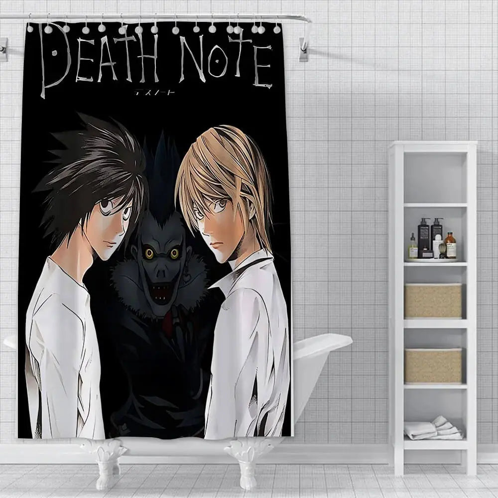 Anime Death Note Shower Curtain – Waterproof polyester bathroom curtain with bold black and white anime design featuring Death Note characters from Zirconic
