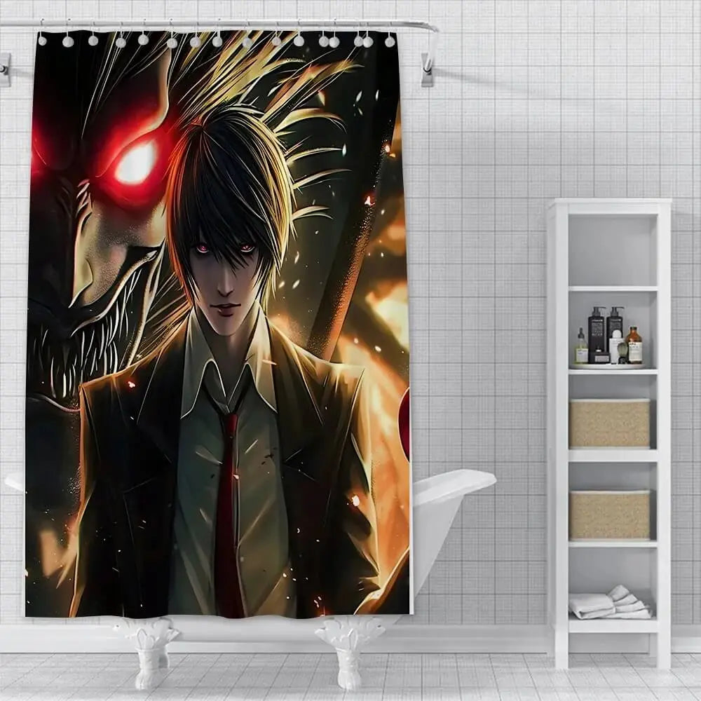 Anime Death Note Shower Curtain – Waterproof polyester bathroom curtain with bold black and white anime design featuring Death Note characters from Zirconic