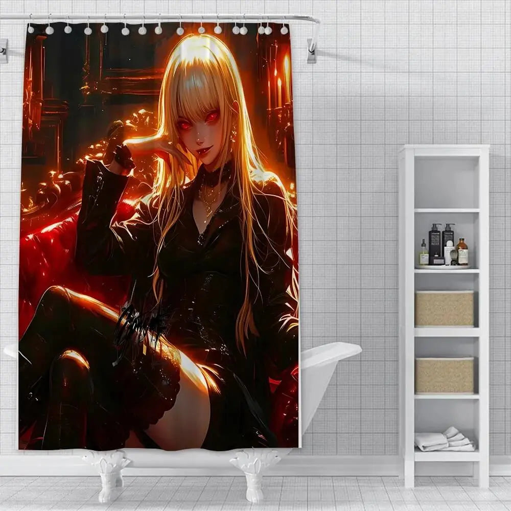 Anime Death Note Shower Curtain – Waterproof polyester bathroom curtain with bold black and white anime design featuring Death Note characters from Zirconic
