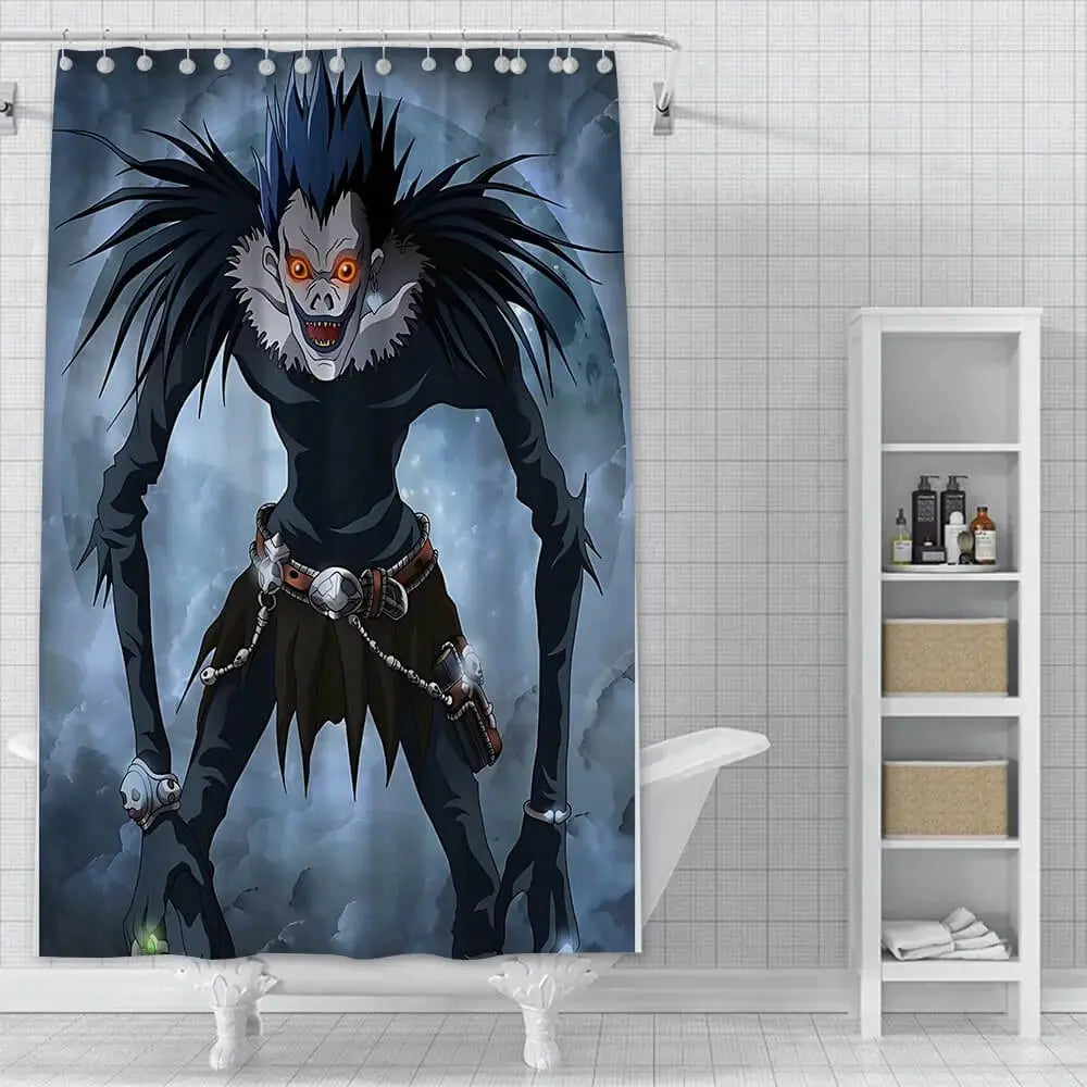 Anime Death Note Shower Curtain – Waterproof polyester bathroom curtain with bold black and white anime design featuring Death Note characters from Zirconic