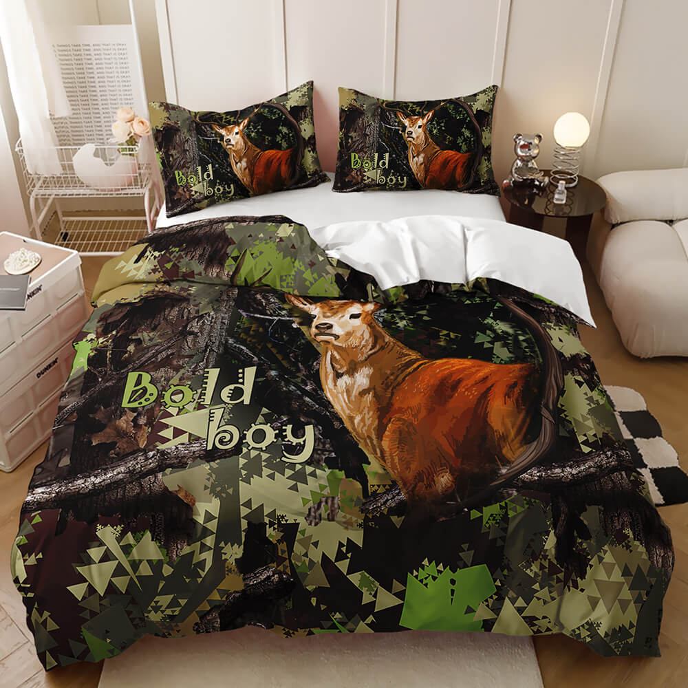 Hunting doona cover featuring deer and scenic woodland