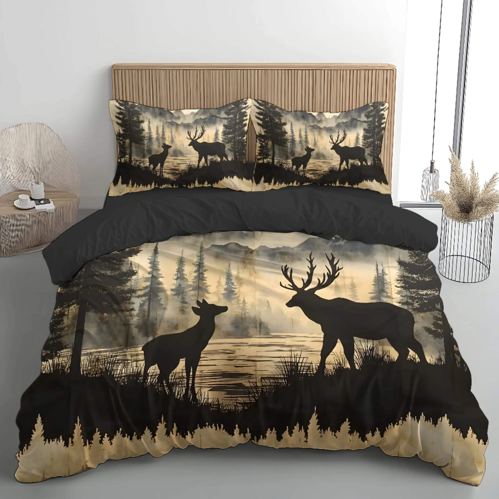 Deer hunting doona cover set with lake forest wildlife design