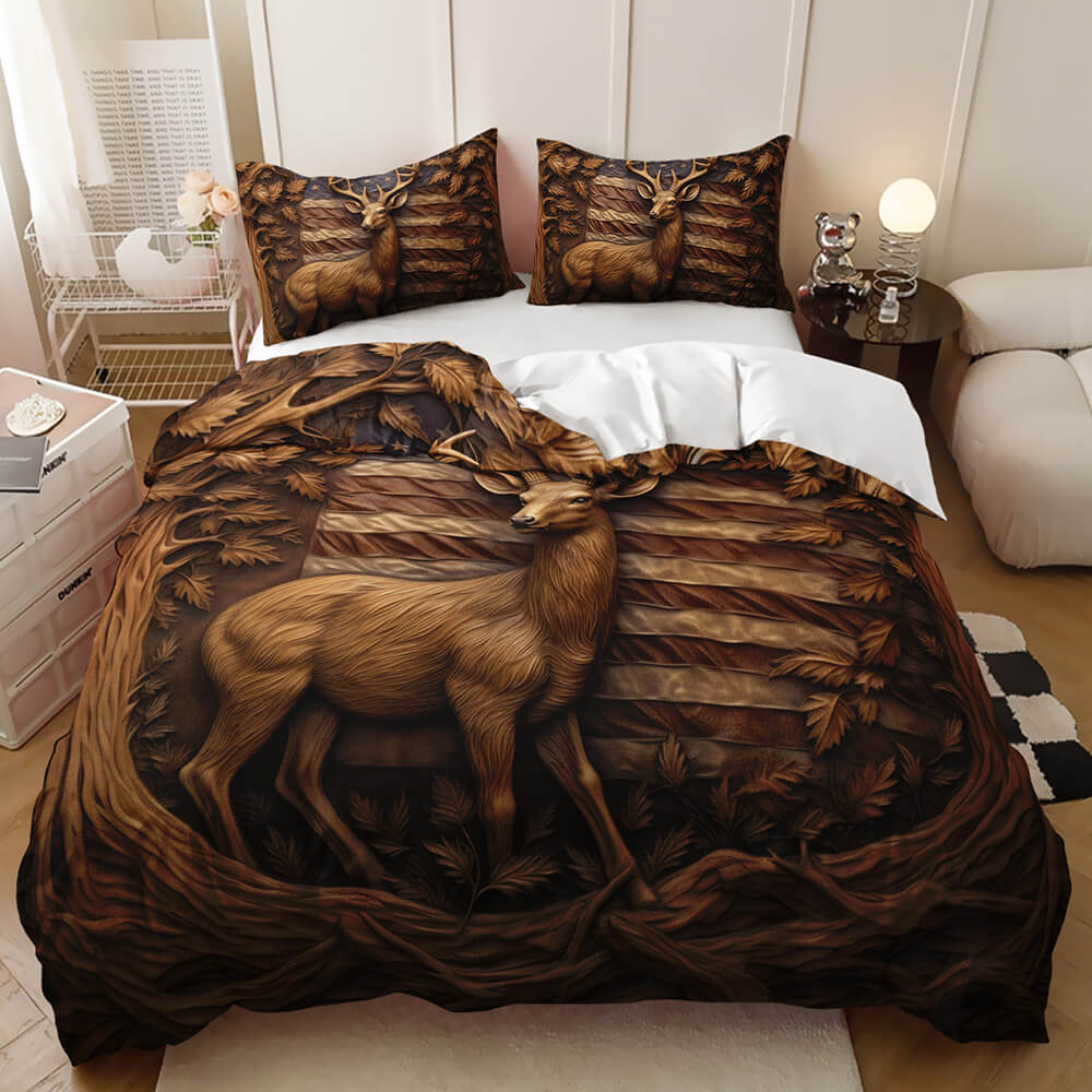 Hunting themed quilt featuring deer and forest landscape