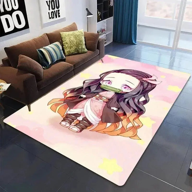 Demon Slayer anime rug with HD print featuring Tanjiro and Nezuko placed in a cozy anime-themed bedroom with modern decor