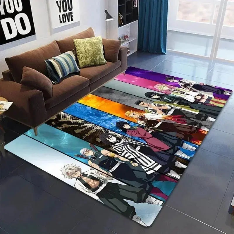 Demon Slayer anime rug placed beside a bed in a stylish anime-themed bedroom