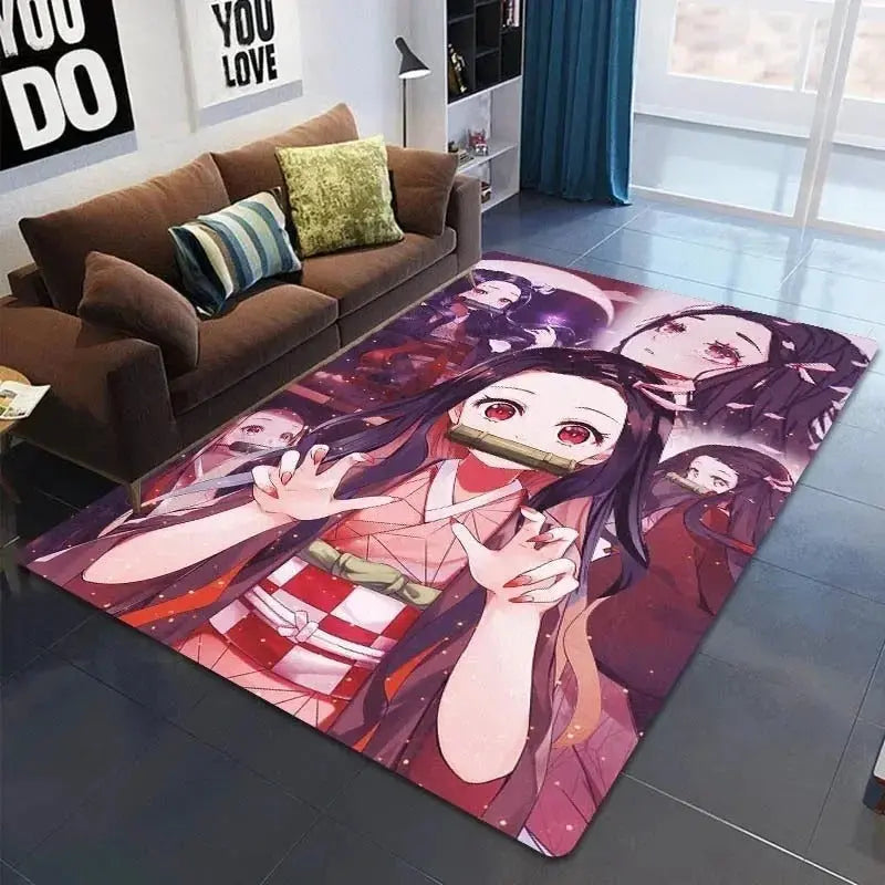 Nezuko-themed anime rug placed in a bathroom beside a bathtub