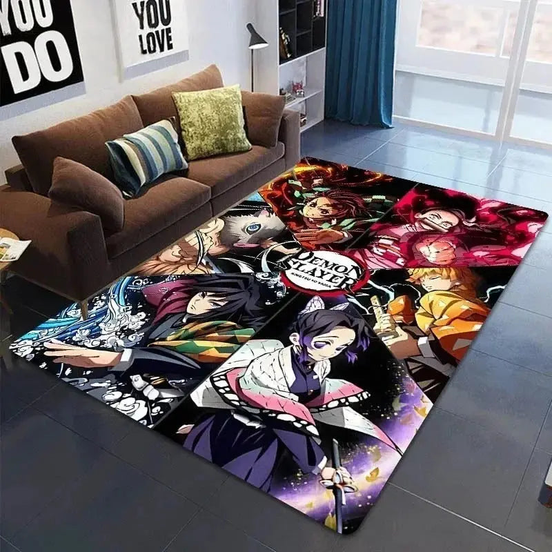 Soft Demon Slayer floor mat laid out in a student dorm with anime wall scrolls