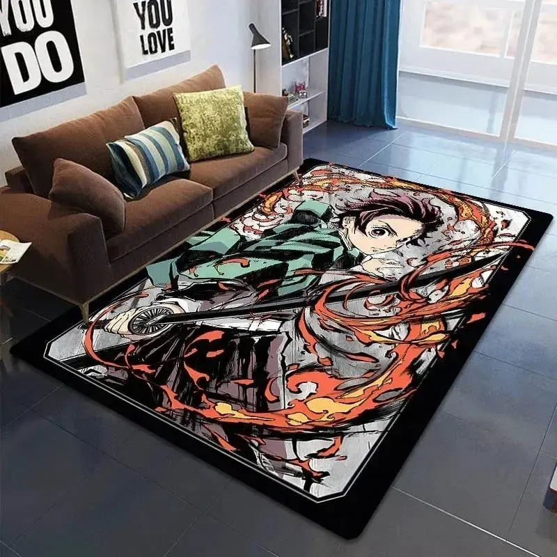 Rug featuring Tanjiro and Nezuko from Demon Slayer in a modern living room setup