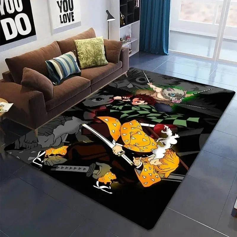 Demon Slayer printed floor rug used in a kitchen setting beside a sink