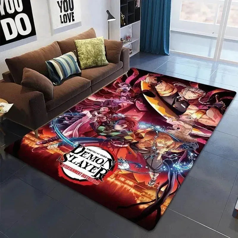 Nezuko print anime rug on a bedroom floor beside a cozy twin bed