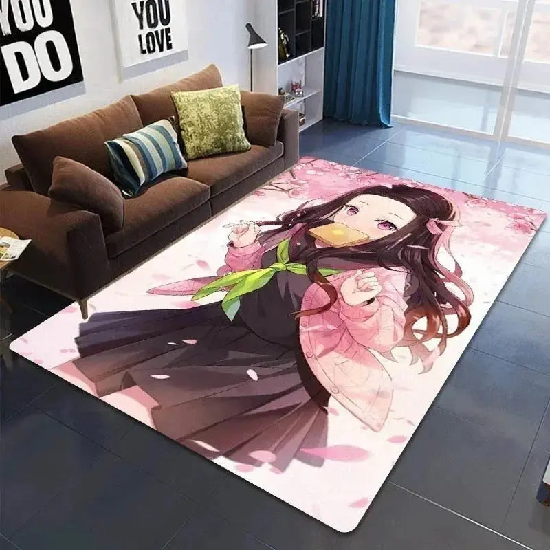 Demon Slayer cartoon rug placed in front of a gray sofa in a casual lounge