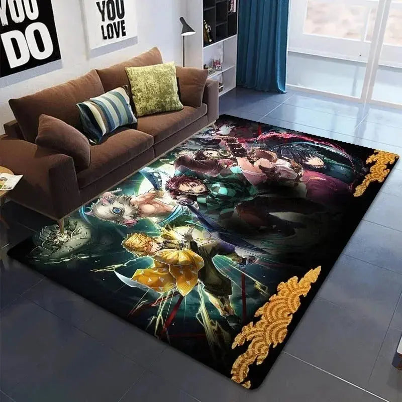 Japanese anime rug inspired by Demon Slayer used in a manga collector's room