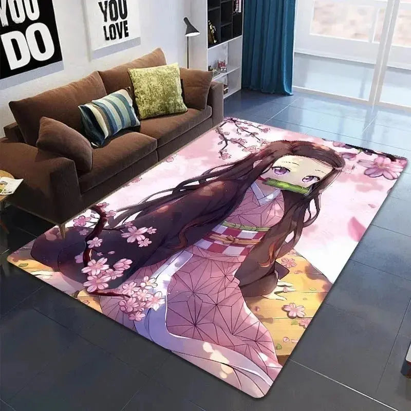 Nezuko-themed anime rug placed in a bathroom beside a bathtub