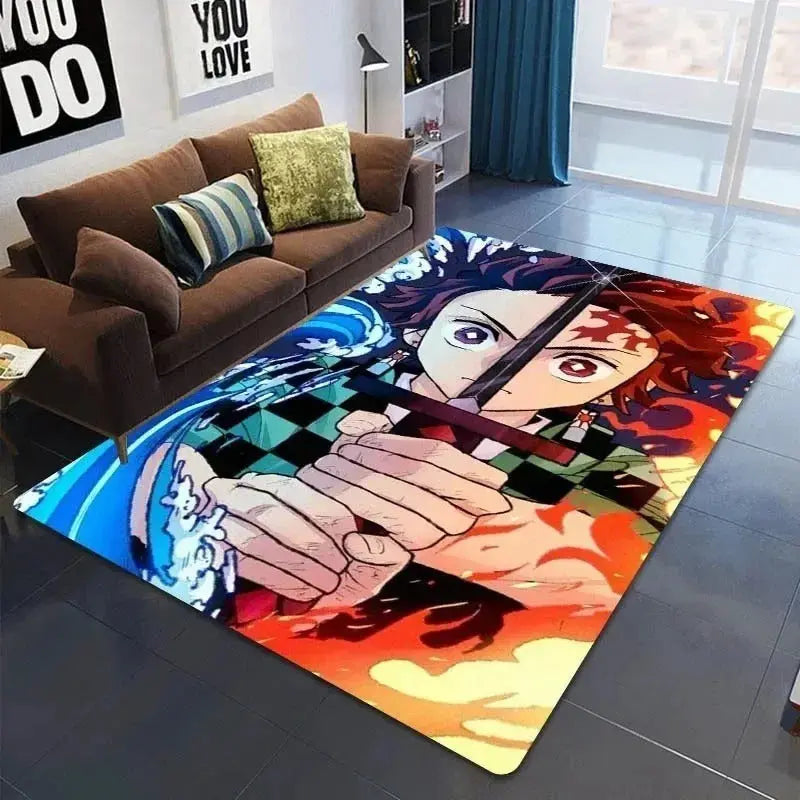 Rug with Tanjiro in a battle stance printed in vivid color for floor decor