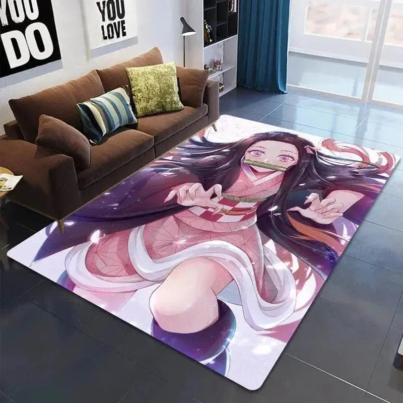 Demon Slayer floor mat in a child’s room with anime-themed toys and decor