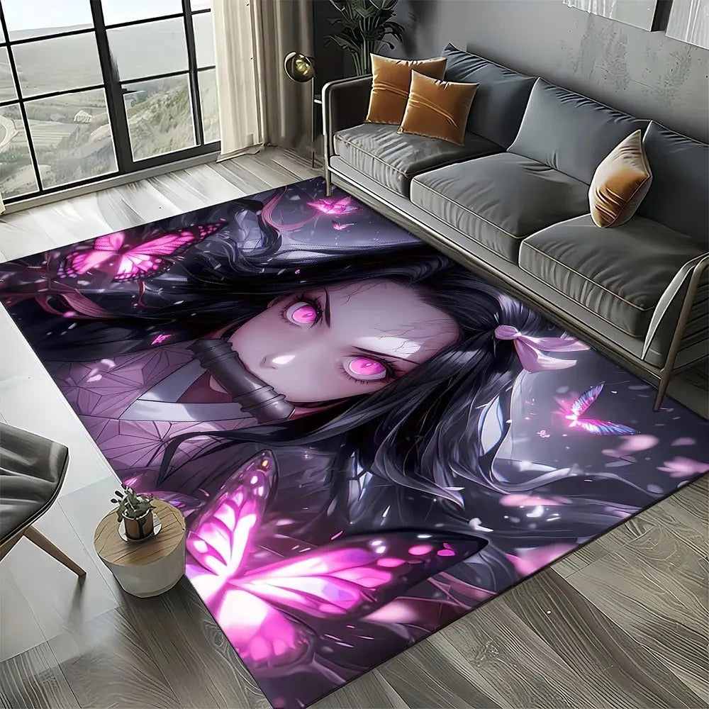 Soft Demon Slayer anime floor mat featuring Tanjiro and Nezuko placed in an otaku-themed bedroom with modern decor