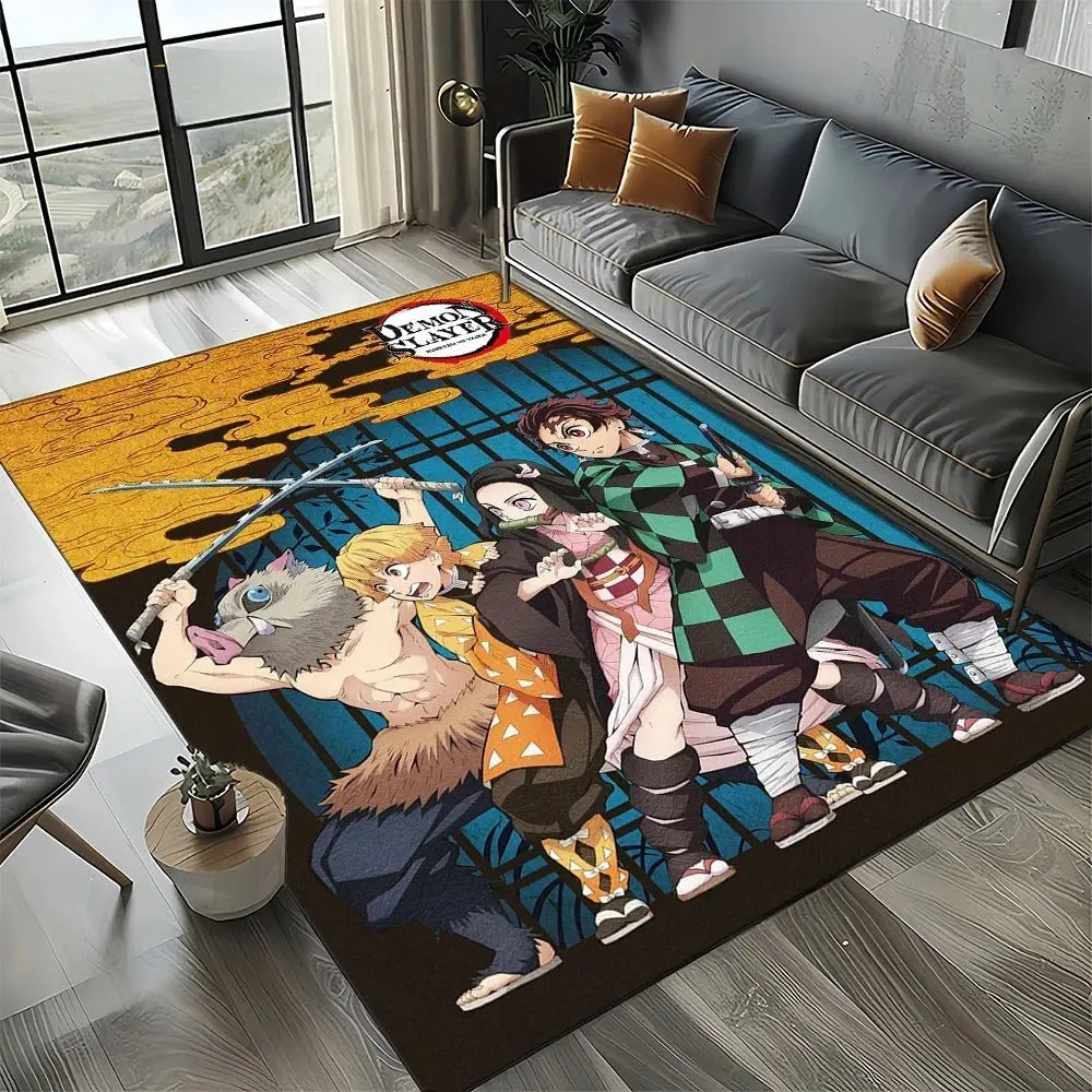 Demon Slayer anime floor mat placed beside a bed in a cozy anime-themed bedroom