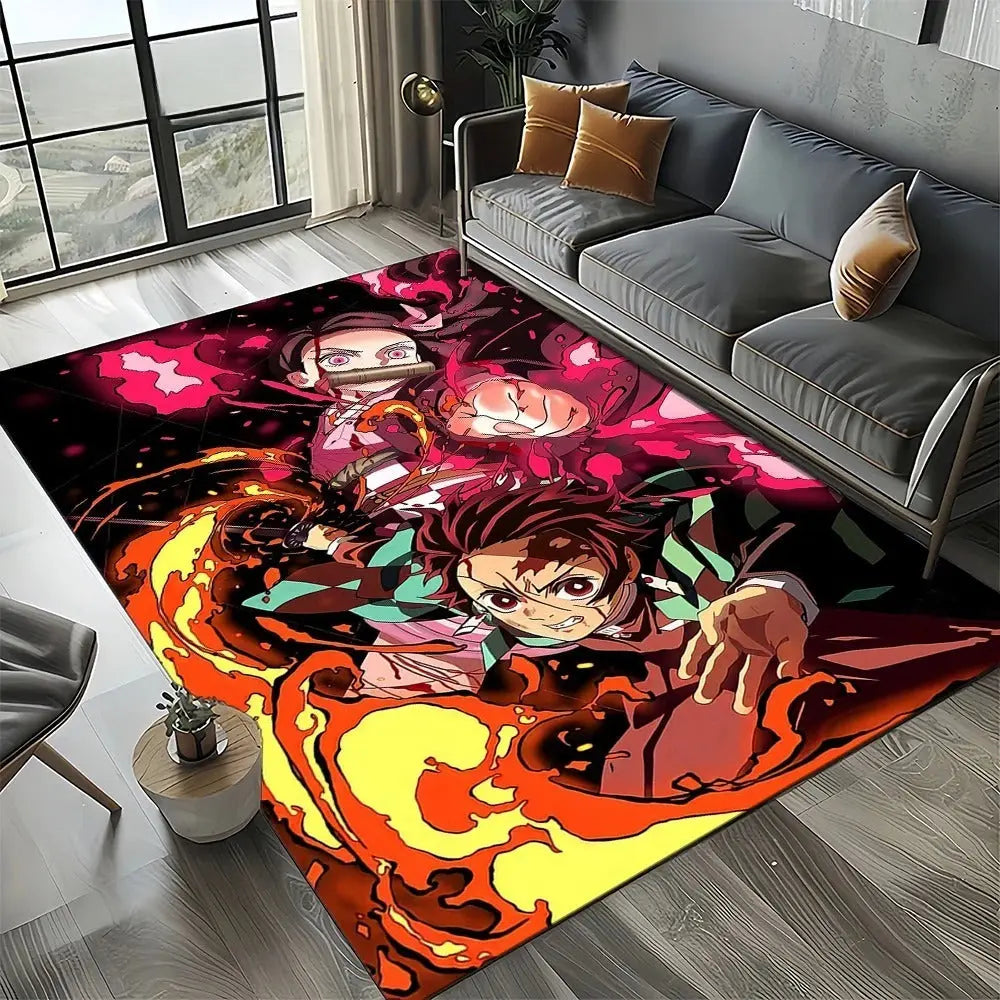 Anime rug with Tanjiro and Nezuko design placed in a bright modern living room