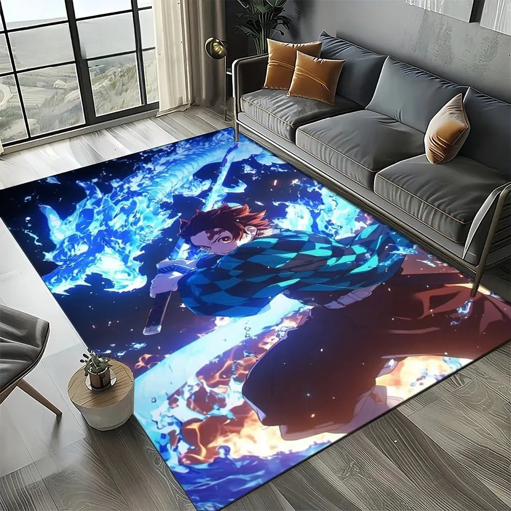 Washable Demon Slayer carpet used in a student dorm setup with anime wall art