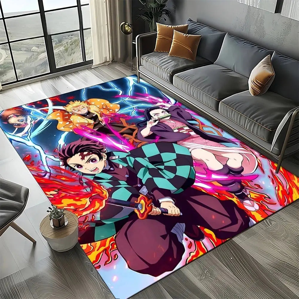 Non-slip Demon Slayer anime mat with rubber backing on a hardwood floor