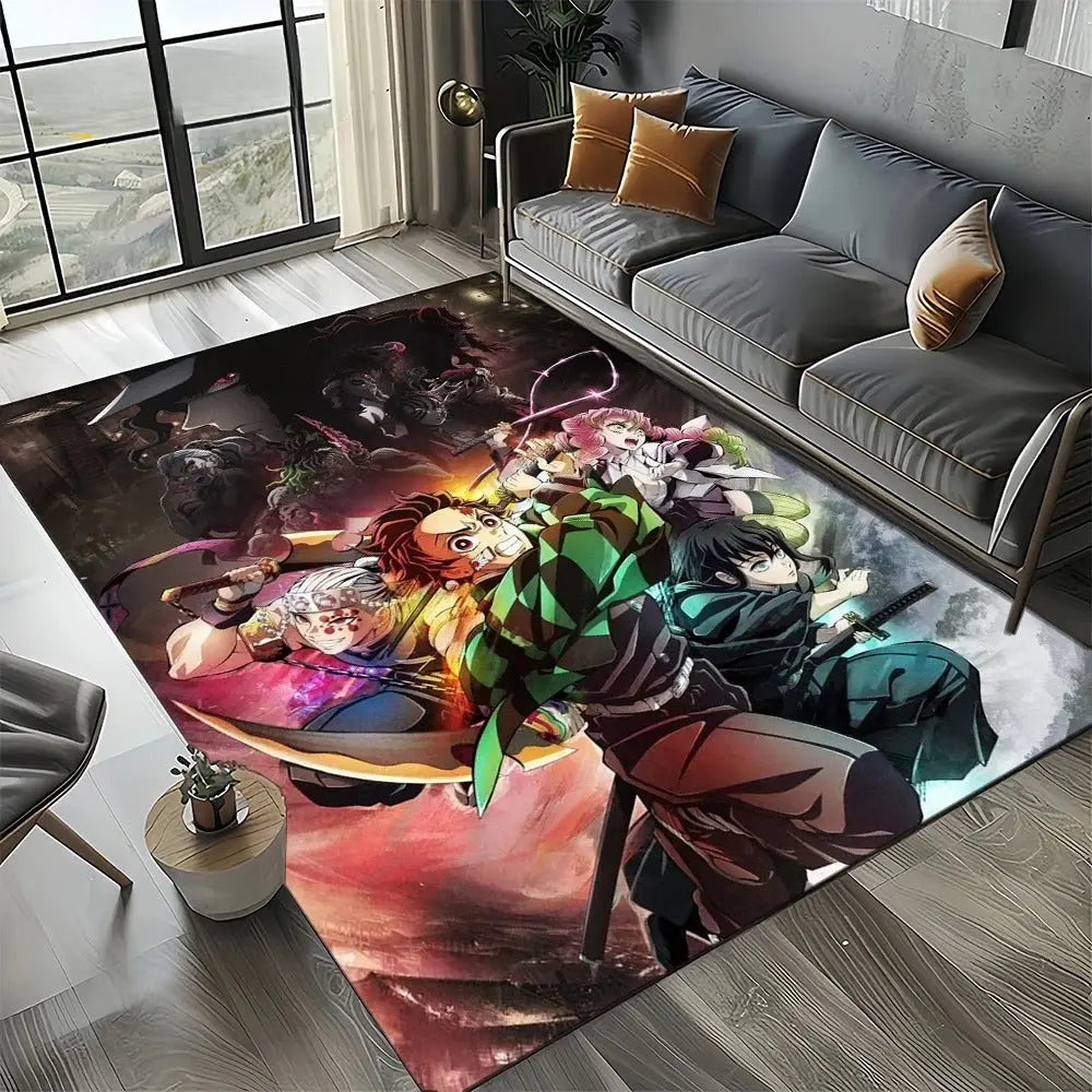 Anti-skid anime floor mat placed in a themed bathroom with Demon Slayer decor