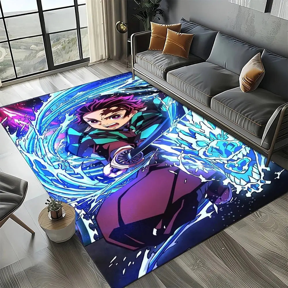 Demon Slayer floor rug under a gaming desk with LED lighting and anime posters