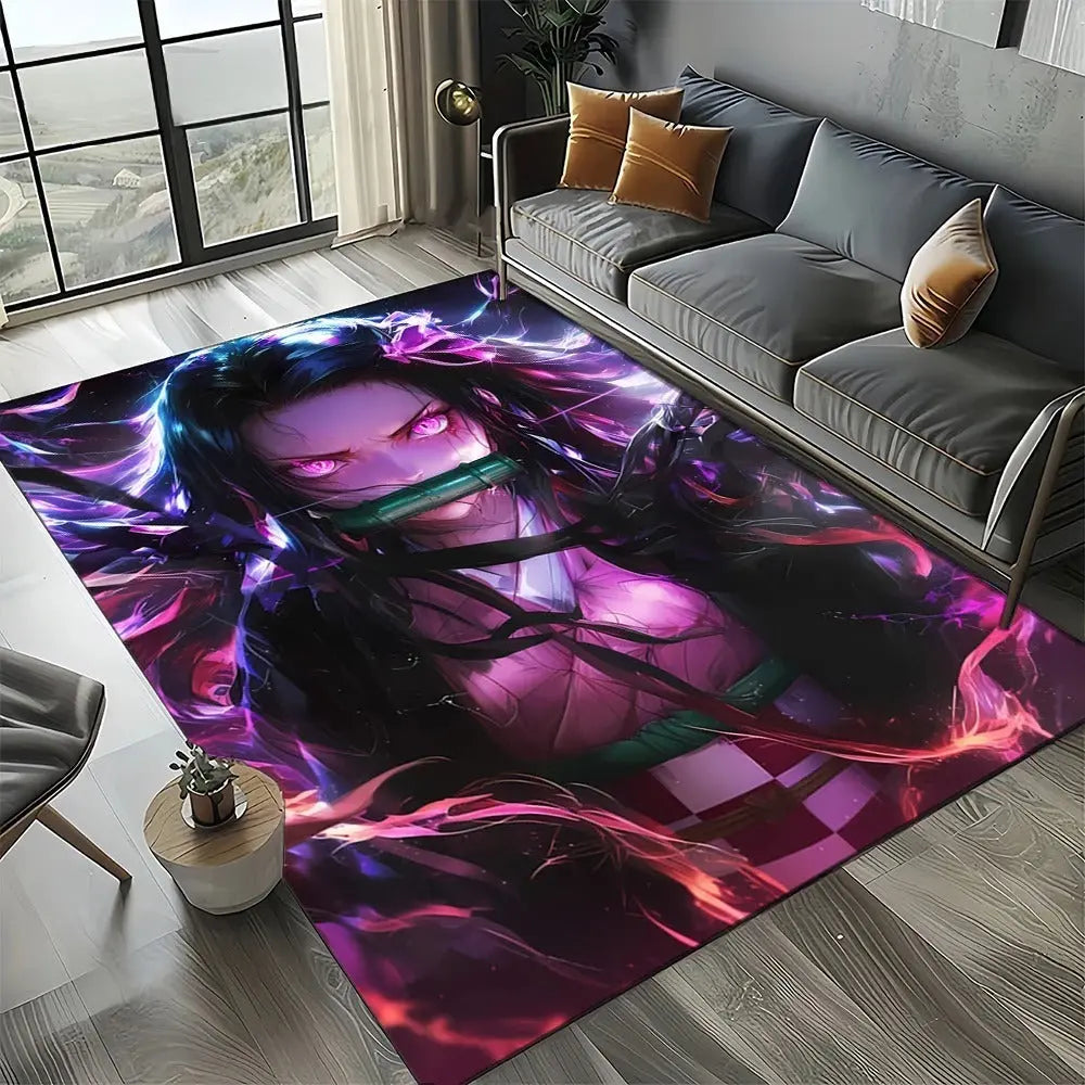 Japanese anime area rug in a kitchen setting next to a counter