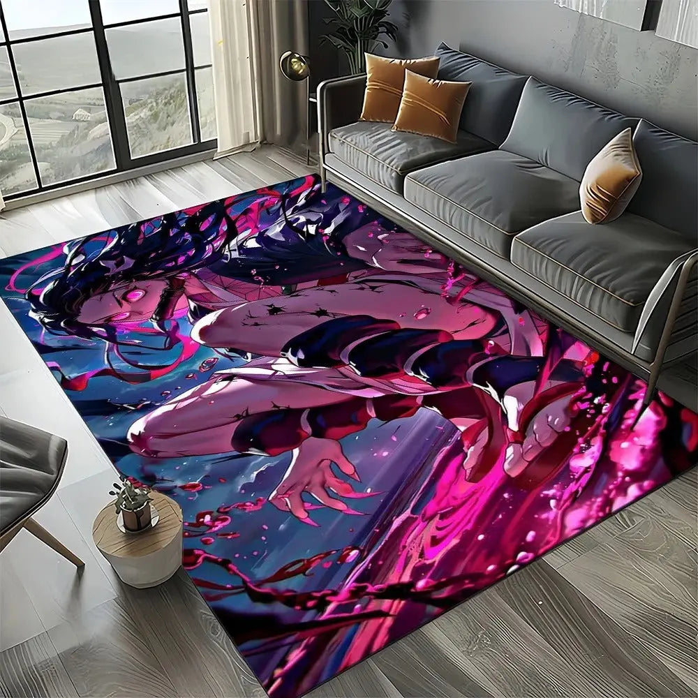 Stylish anime floor mat placed in a small dorm room with wall scrolls