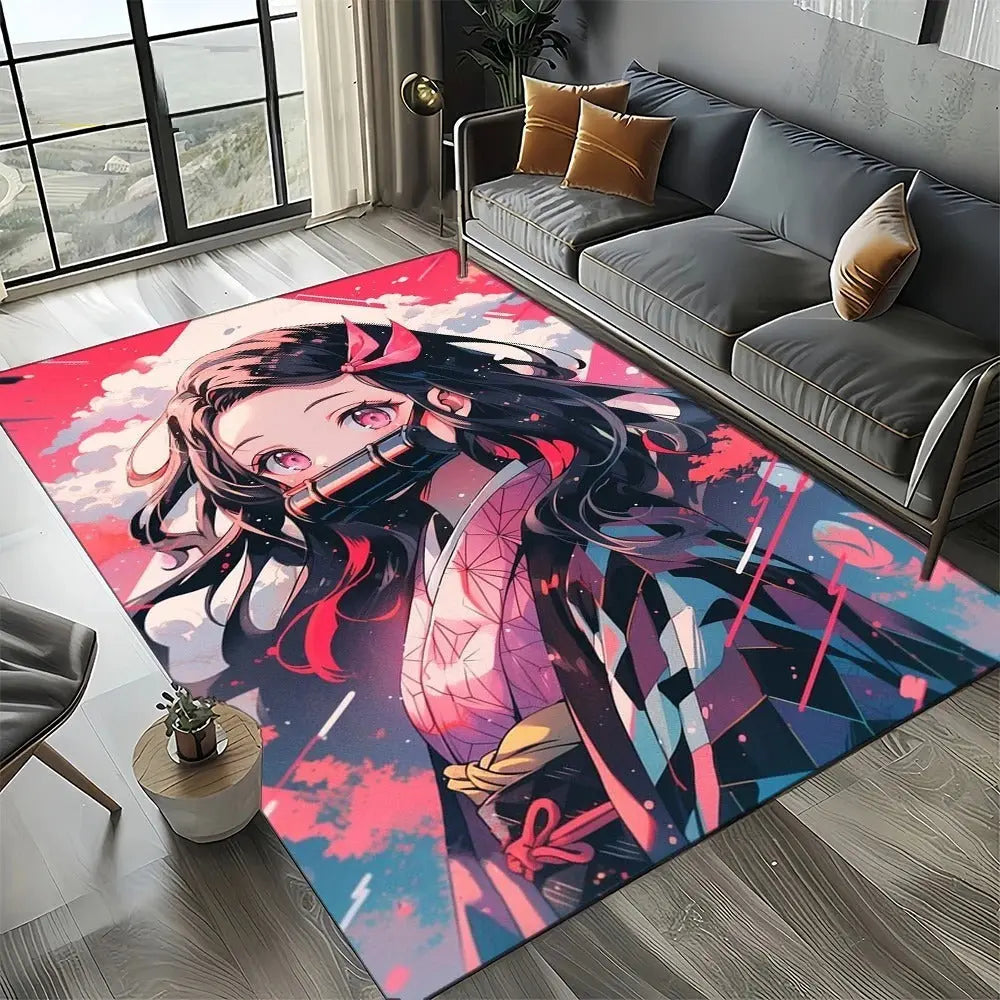 Otaku fan room setup with Demon Slayer rug on wood flooring