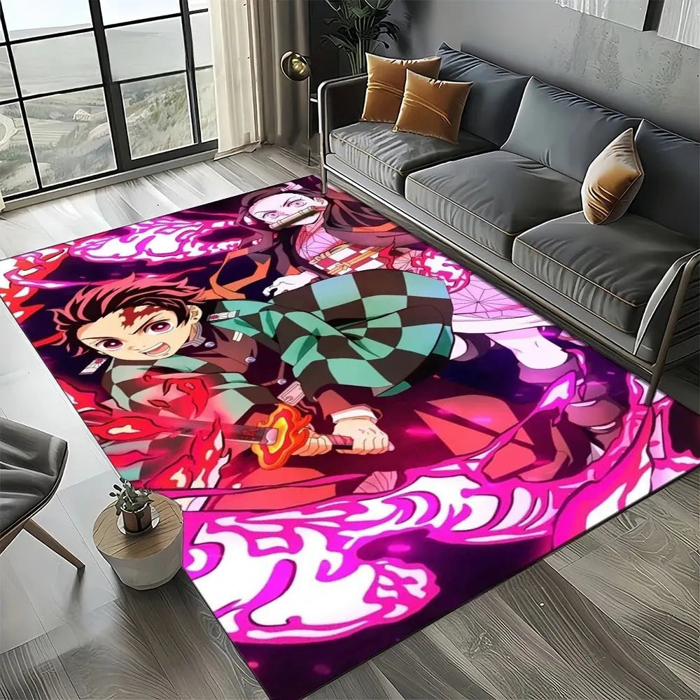 Epic Tanjiro battle artwork featured on a vibrant anime-themed carpet