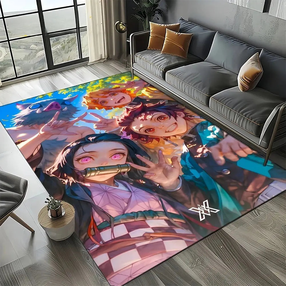 Demon Slayer rug featuring Inosuke placed near a twin-size bed in a kids room