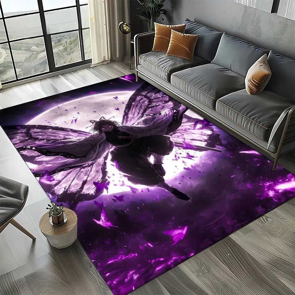 Living room with a large purple and black abstract rug featuring a Shinobu Kocho butterfly design.