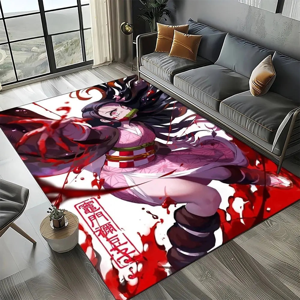 Colorful Demon Slayer mat in a kids’ playroom with plush toys