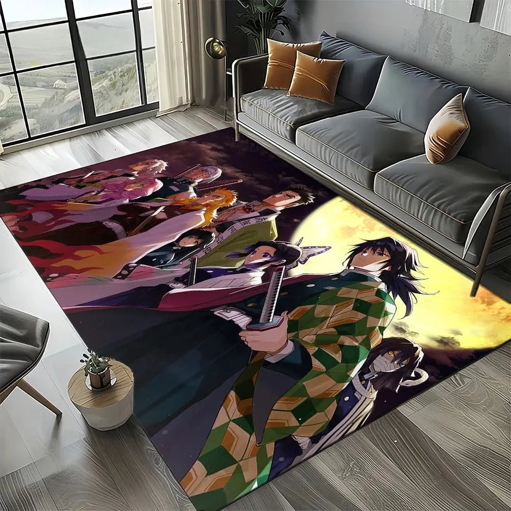 Rug placed in front of a manga shelf featuring Demon Slayer volumes