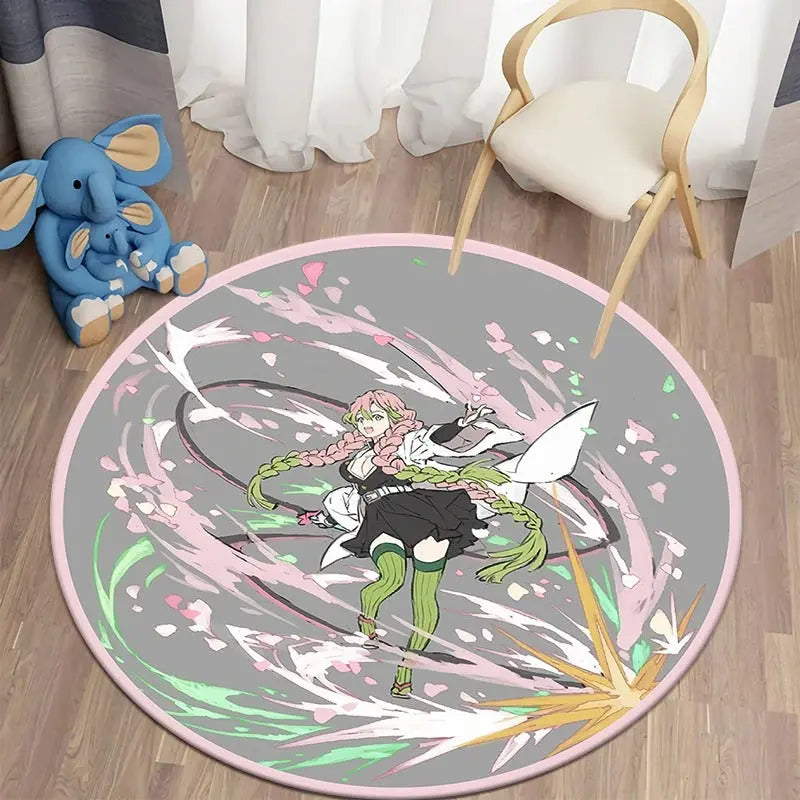 Round Demon Slayer rug with Mitsuri Kanroji printed in HD placed in a cozy anime-themed bedroom