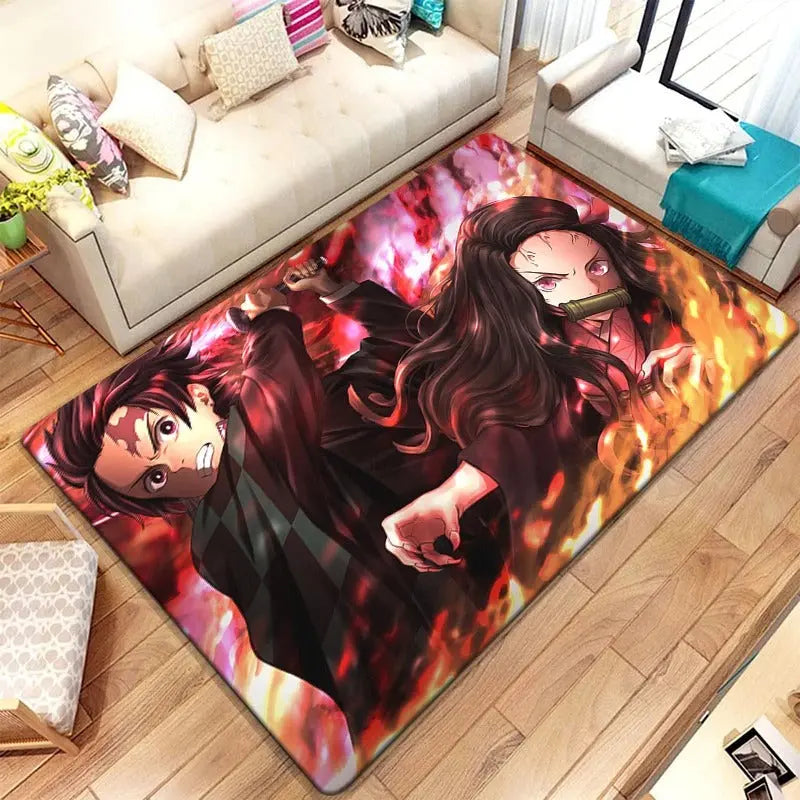 Decorate your room with a soft, non-slip Demon Slayer anime rug. Features Tanjiro, Nezuko, and more. Washable floor mat perfect for otaku bedroom, dorm, or gaming setup.