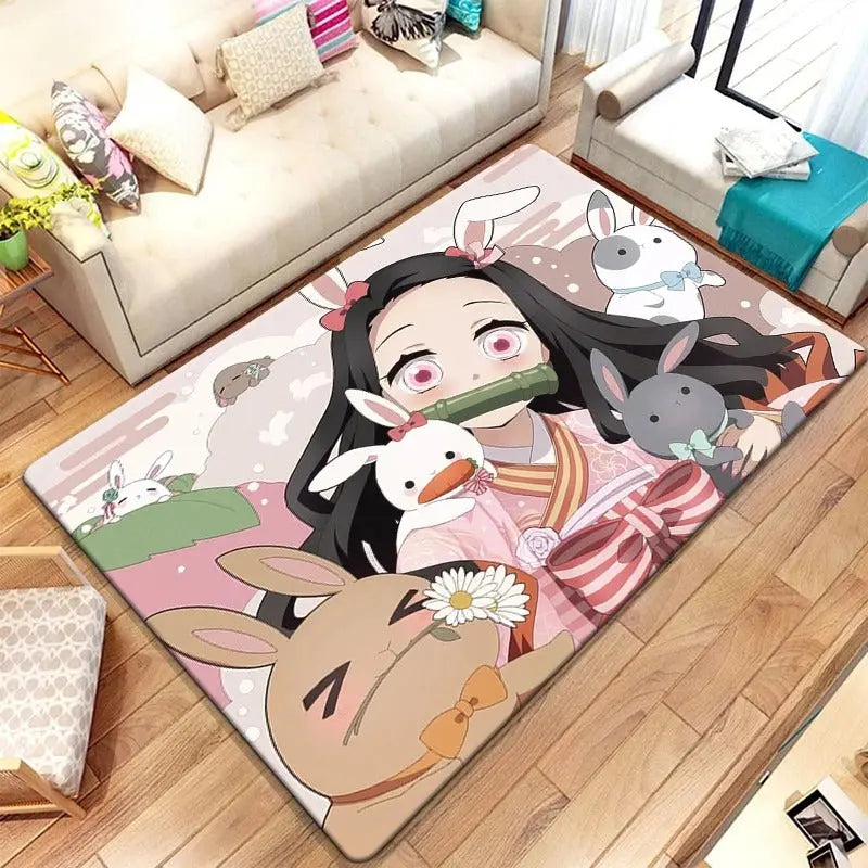 Colorful printed Demon Slayer anime rug with Tanjiro and Nezuko artwork placed in a cozy otaku-style bedroom with ambient lighting