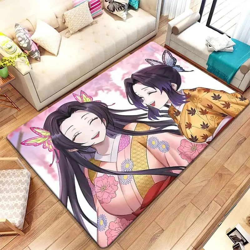 Demon Slayer anime rug on a bedroom floor featuring Tanjiro and Nezuko